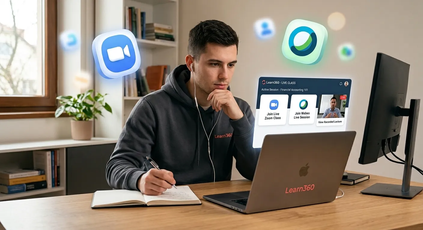 A student joining a live class in Learn360, with Zoom and WebEx sessions available from inside the course